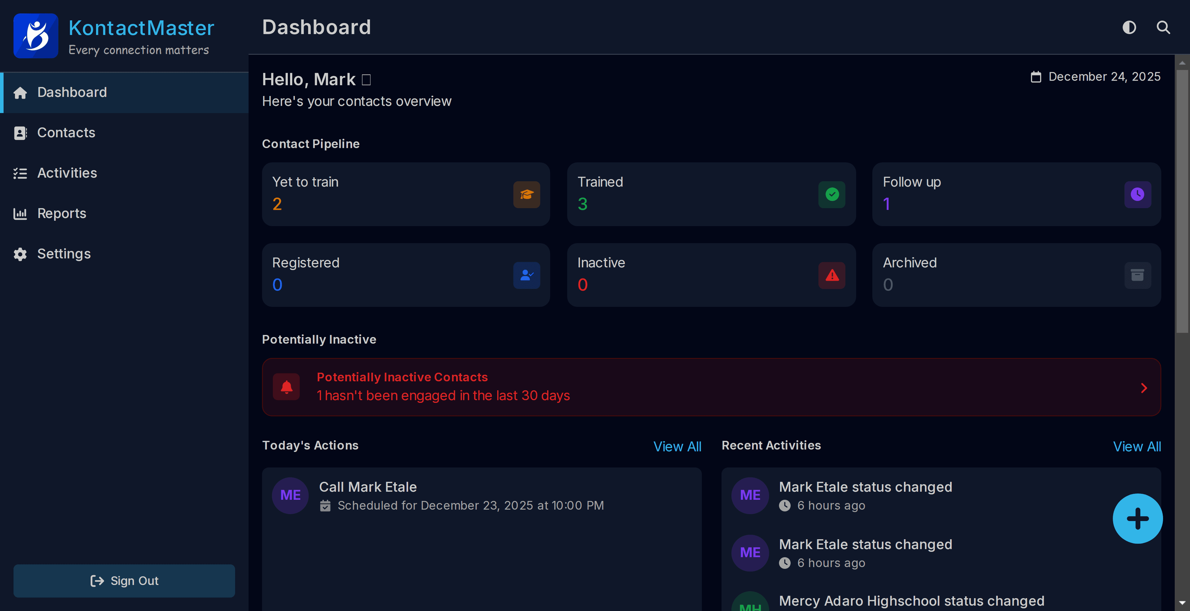 KontactMaster dashboard screenshot - dark theme
