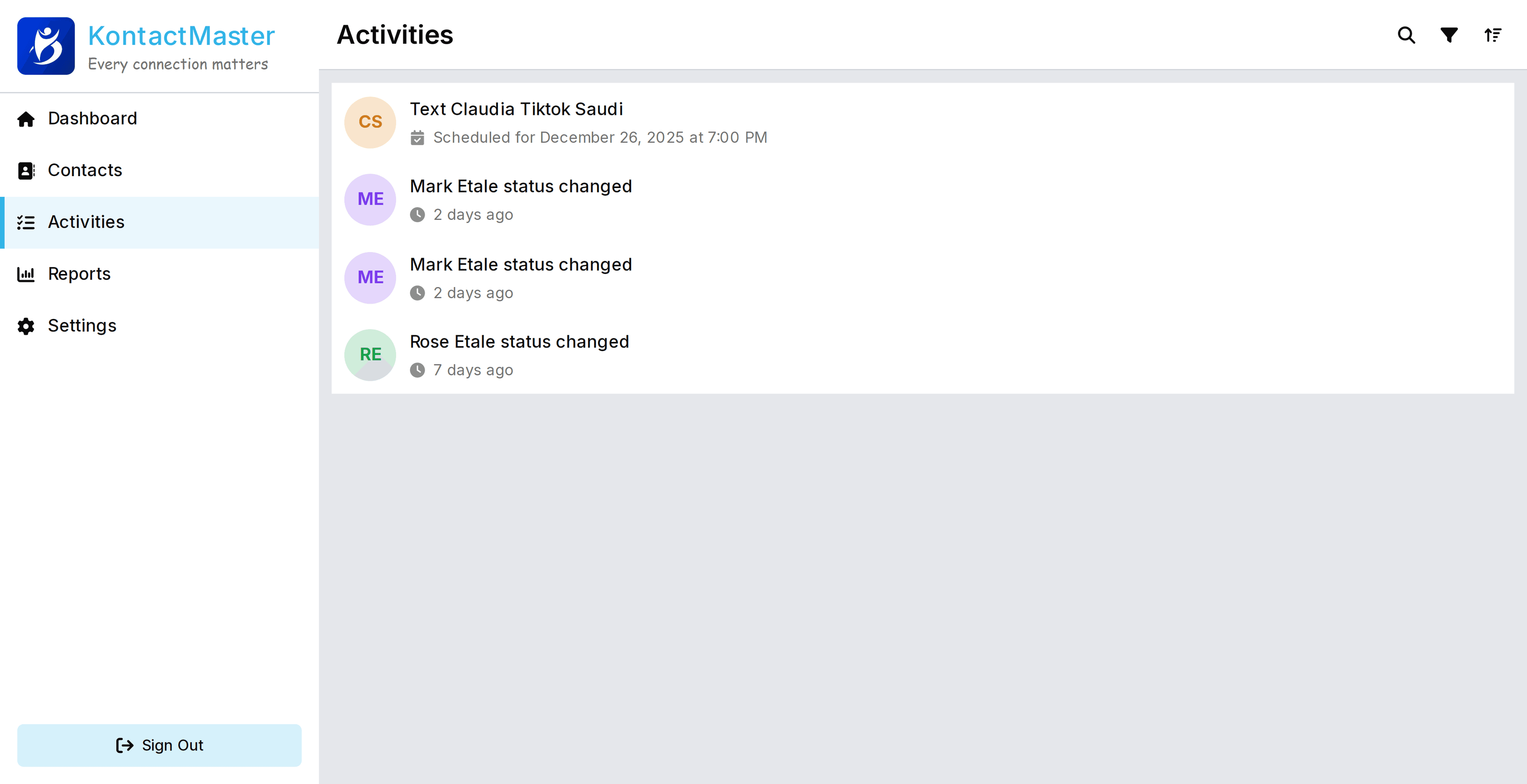 KontactMaster dashboard screenshot - dark theme