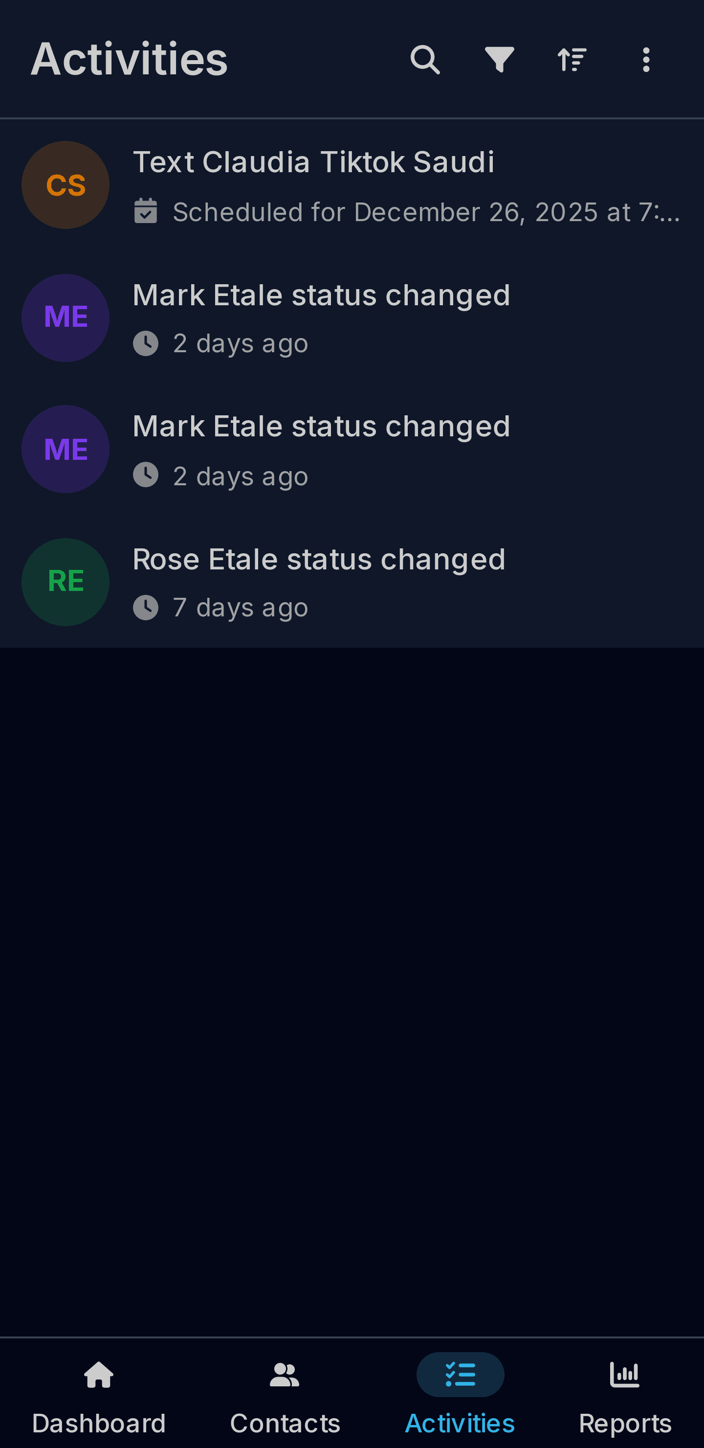 KontactMaster dashboard screenshot - dark theme