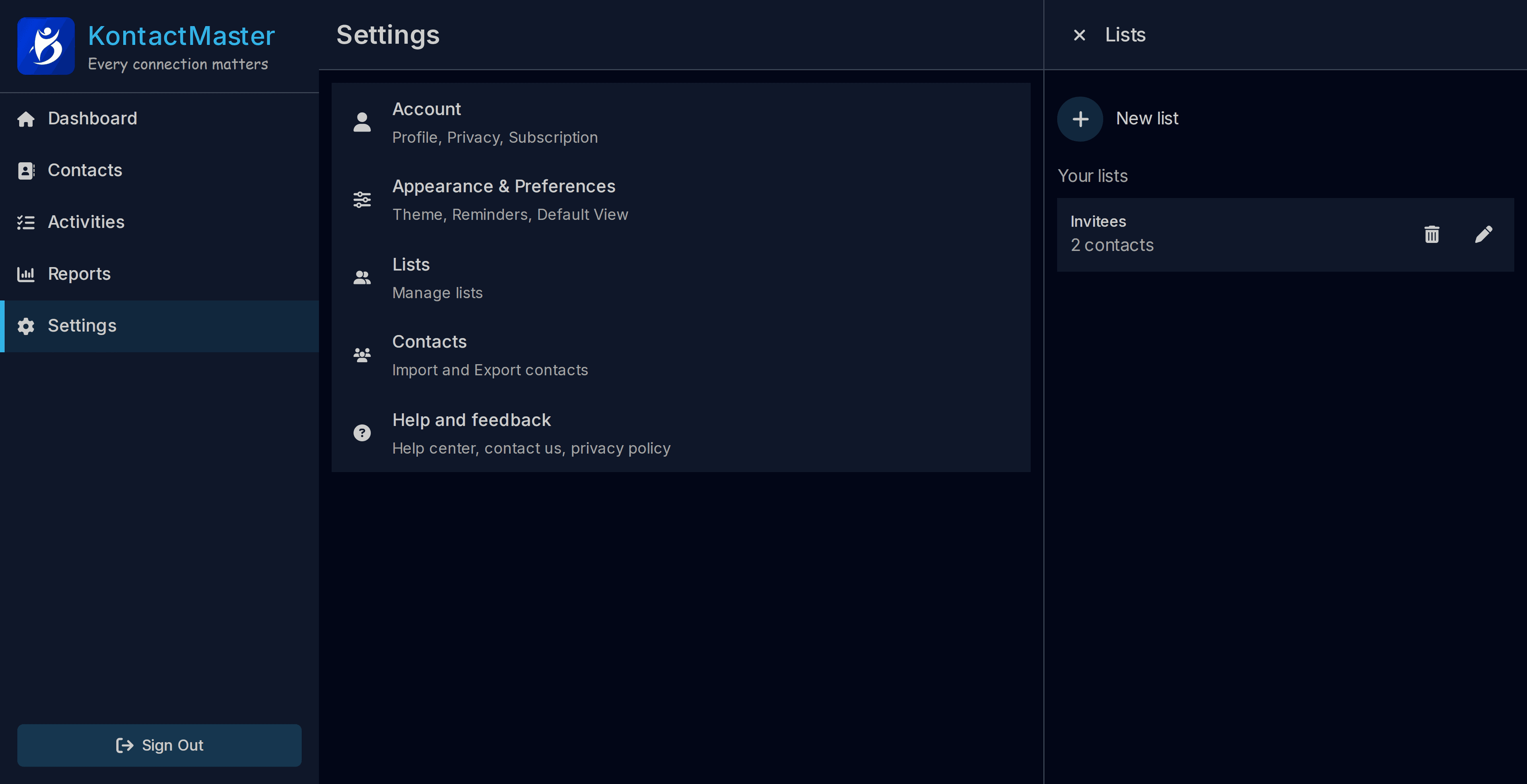 KontactMaster dashboard screenshot - dark theme