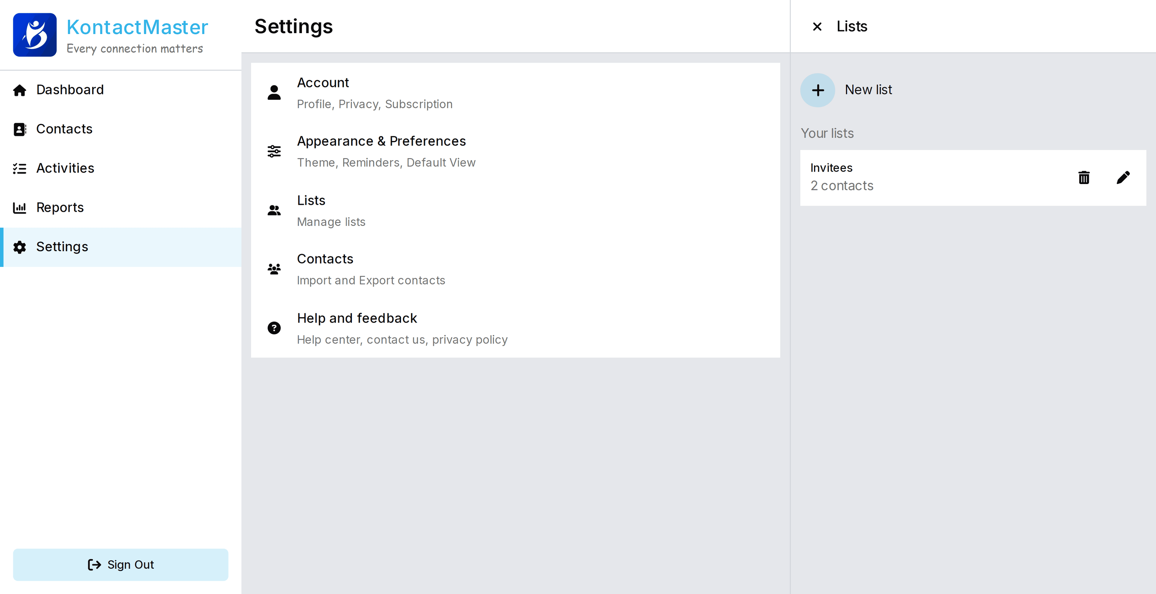 KontactMaster dashboard screenshot - dark theme