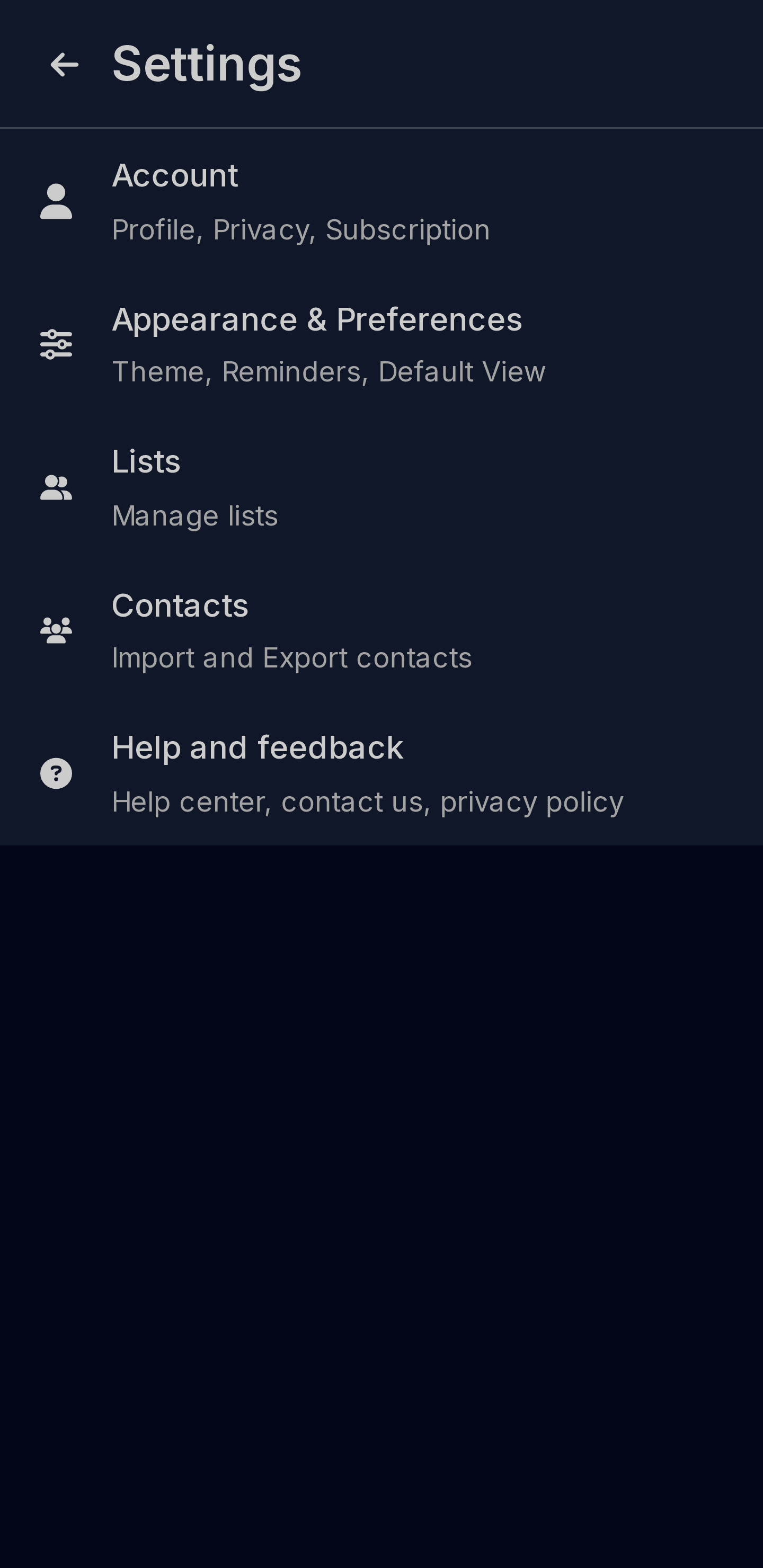 KontactMaster dashboard screenshot - dark theme