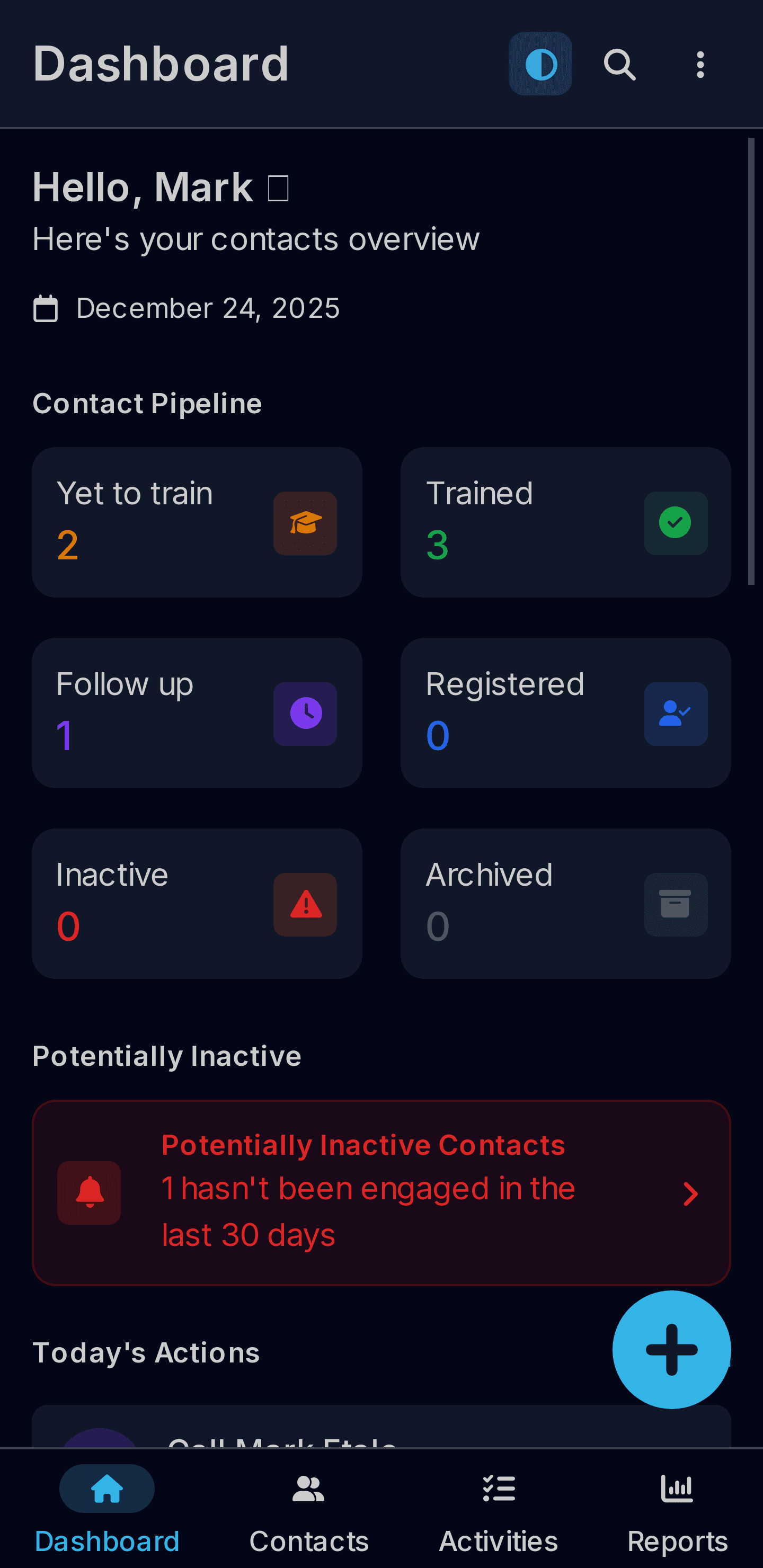 KontactMaster dashboard screenshot - dark theme
