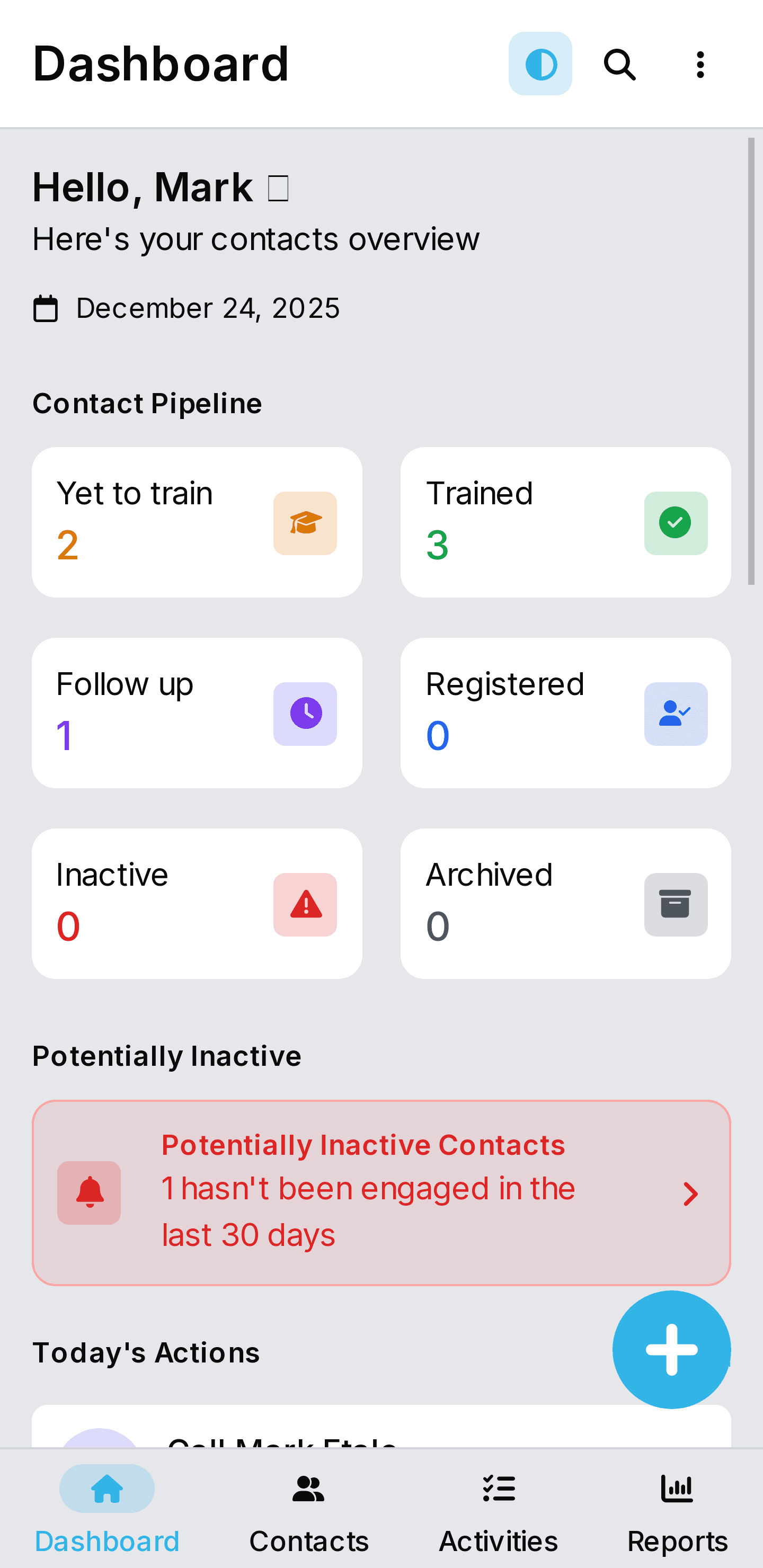 KontactMaster dashboard screenshot - dark theme