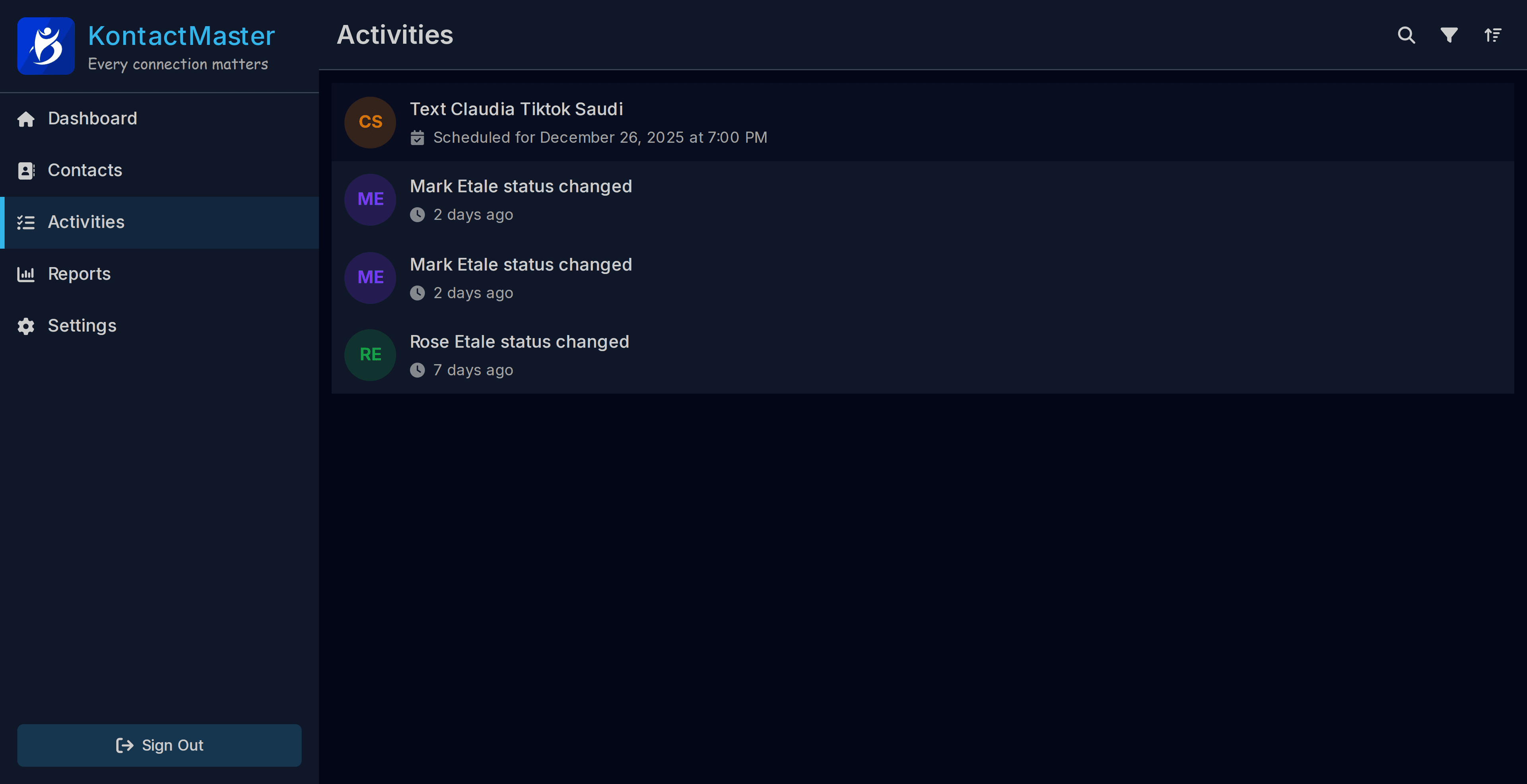 KontactMaster dashboard screenshot - dark theme